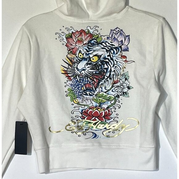 Ed Hardy White Tiger Rose 100%Cotton Drawstring Zip Crop Hoodie Jacket Sz L - Picture 3 of 11